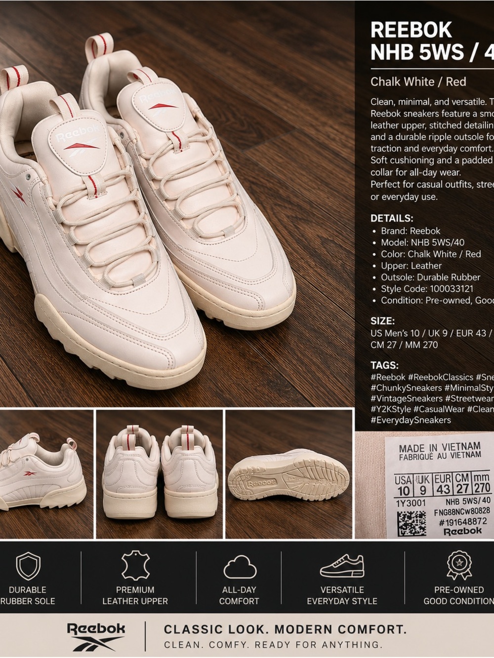 Reebok Chalk White and Red Men's Chunky Leather Sneakers